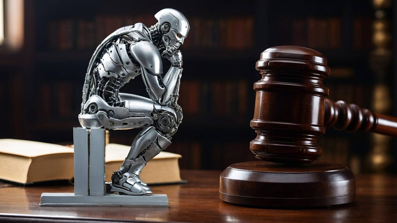 KI im Gerichtssaal: Eine Roboterfigur aus Metall sitzt nachdenklich neben dem hölzernen Hammer